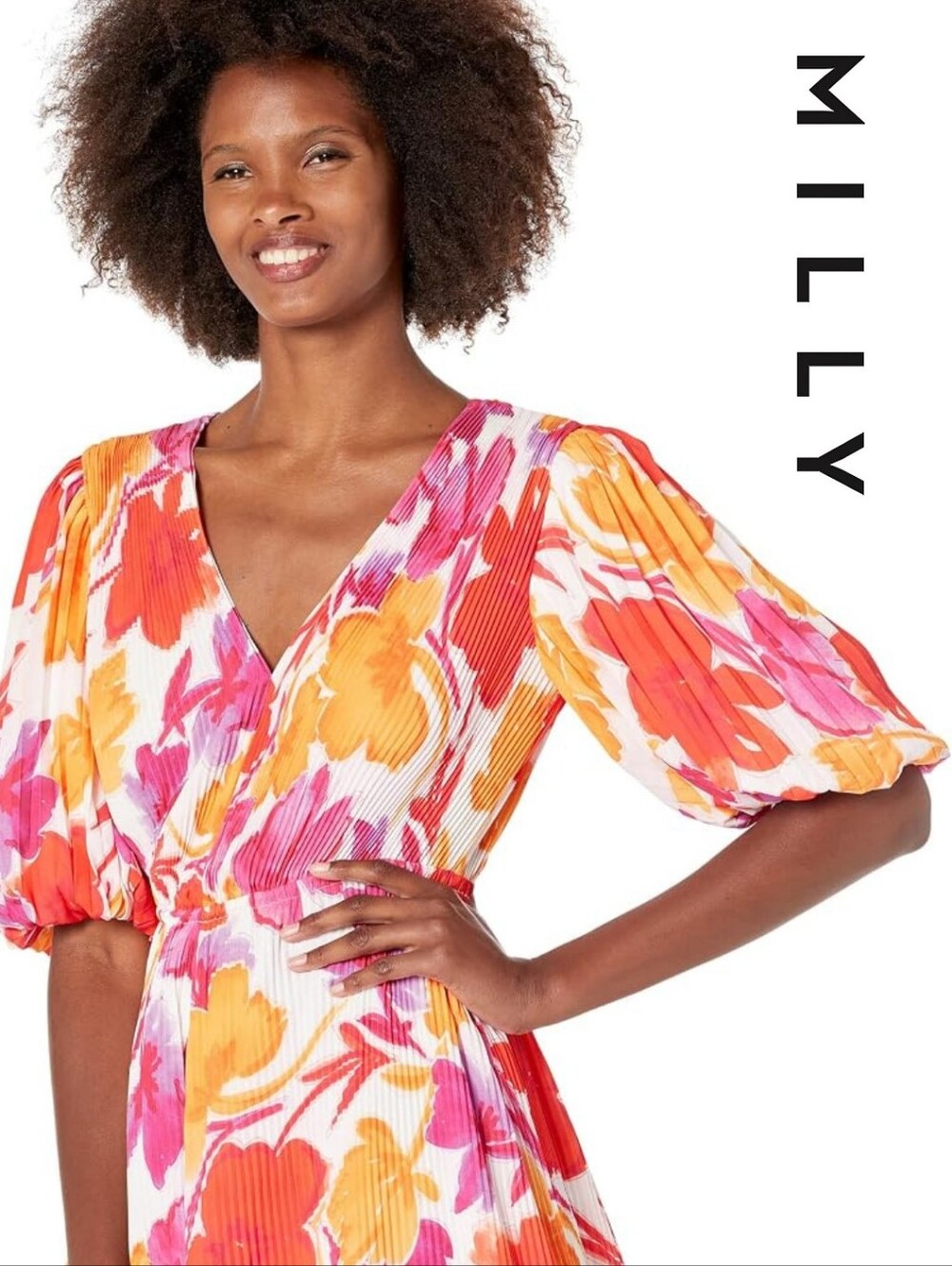 MILLY Elle Paper Peony Pleated Dress Orange Multi 8 - Picture 2 of 3